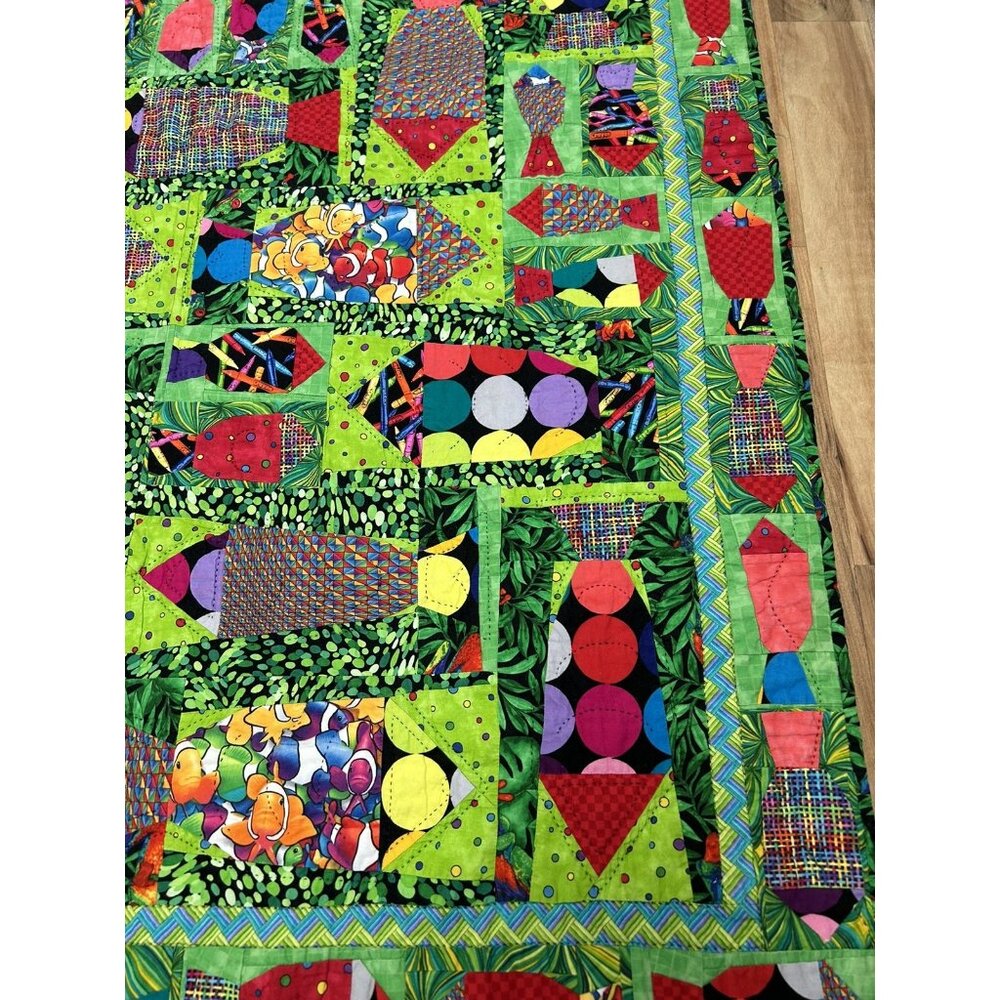 Hand made Lap Quilt Multicolor Crazy Quilt Child Blanket Vibrant Colors 57 X 41
